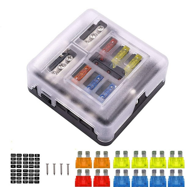 6-Way Waterproof Dust Car Blade Fuse Box Block 12V-32V 5A 10A 15A 20A with Ground LED Indicator for Automotive Car Marine Boat 